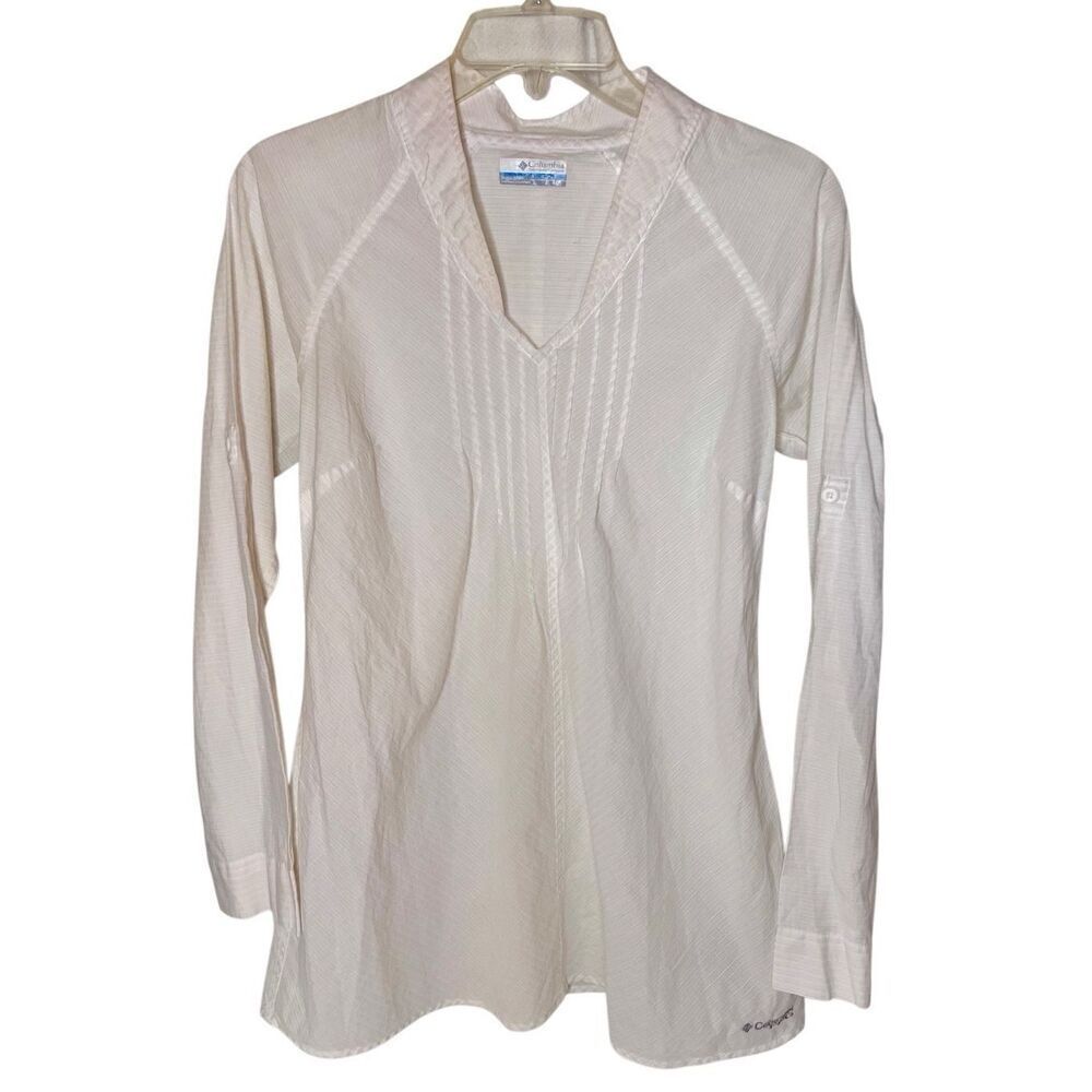Columbia Top Women’s Roll Tab Sleeve Blouse V-Neck White Size S/P Cotton